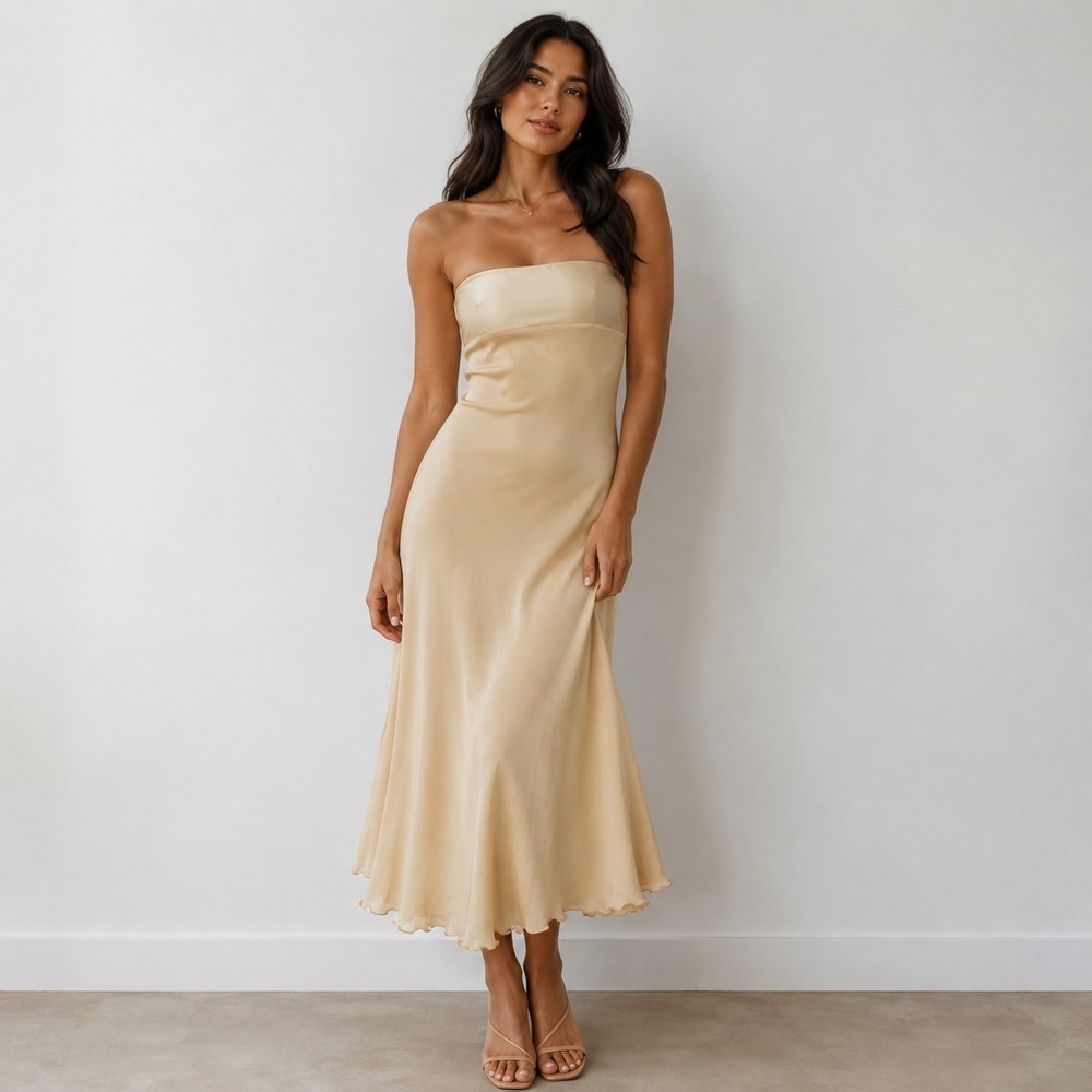 VTG 90s Y2K Beymen Strapless Silk Dress Buttery Yellow Lettuce Hem Midi 38 US 8